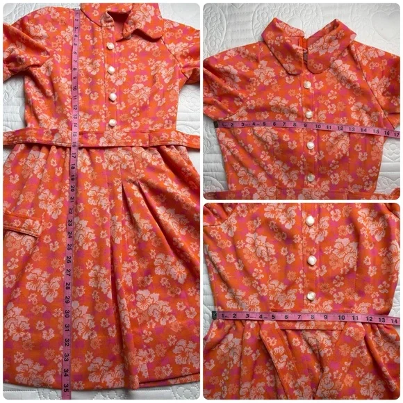 True Vintage 70s Orange Pink White Floral Puff Sleeve Collar Mini Dress Small